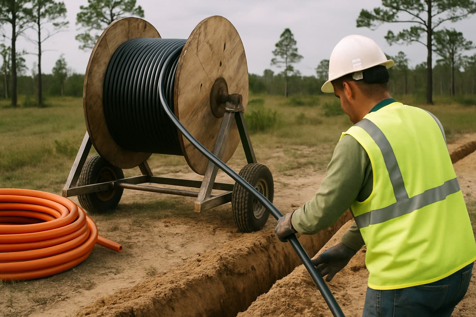 Underground fiber-optic cable being paid off a reel into a sandy trench at a rural Gulf Coast worksite, with orange HDPE conduit alongside.